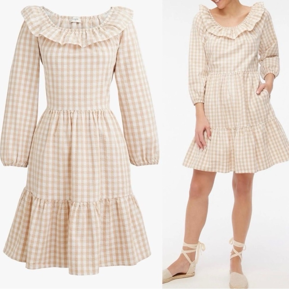 J.‎ Crew gingham seersucker long sleeve ruffle dress size 12